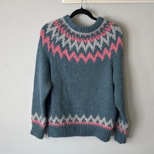 Handmade Fair Isle Knit Sweater Blue Pink Wool Blend M/L